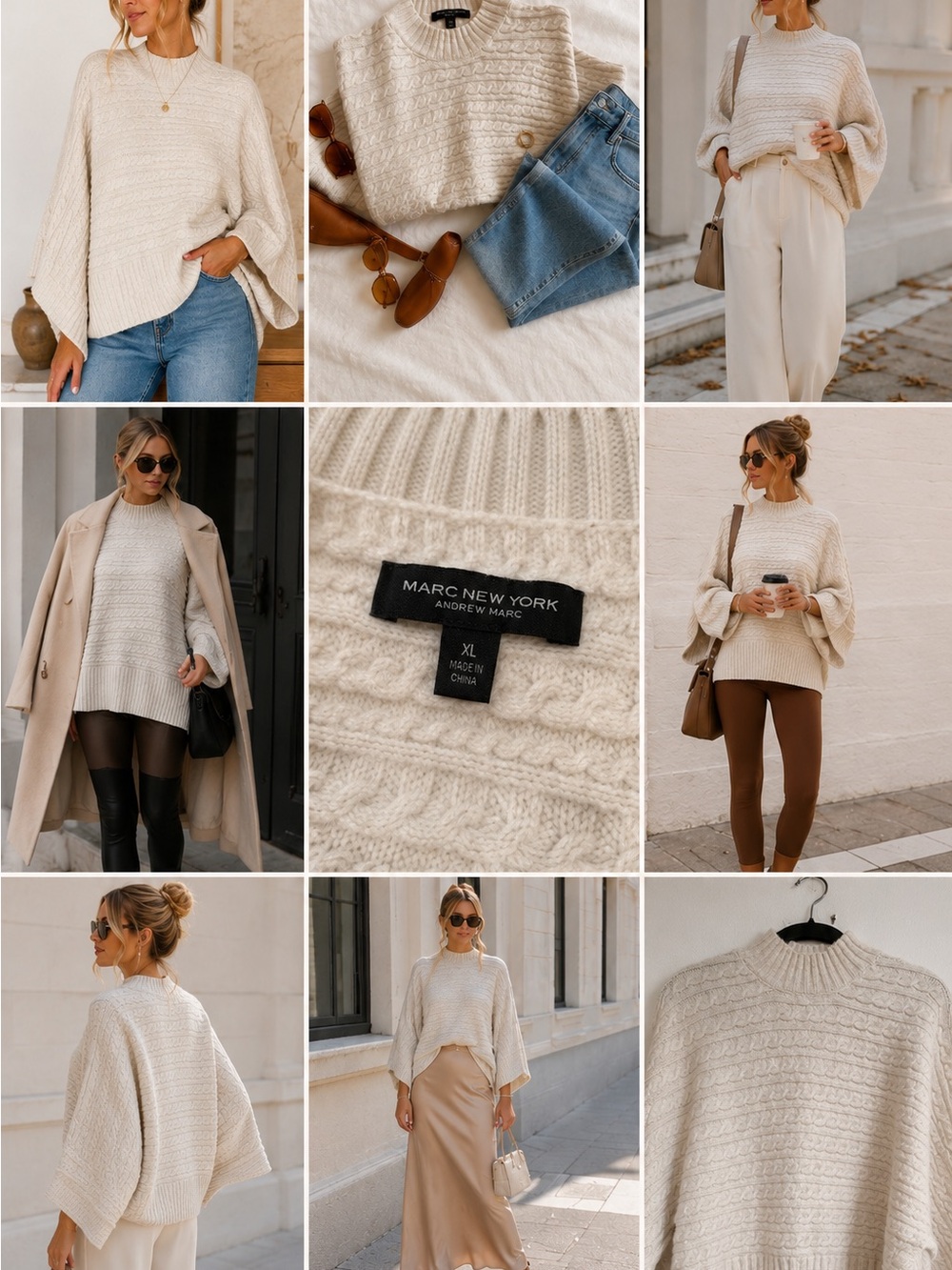 Marc New York by Andrew Marc Cable Knit Mock Neck Sweater | XL | Cream